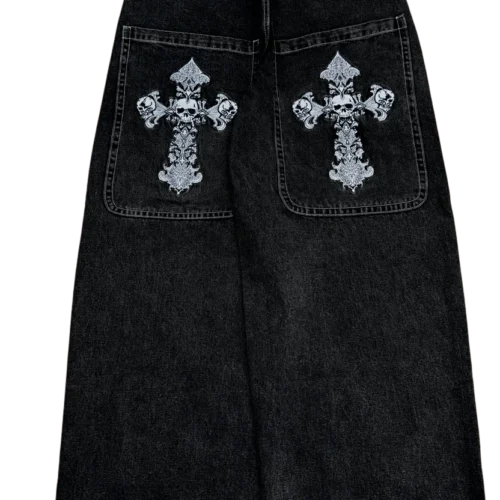 Black Wide Leg GLOE Skull Cross Jeans