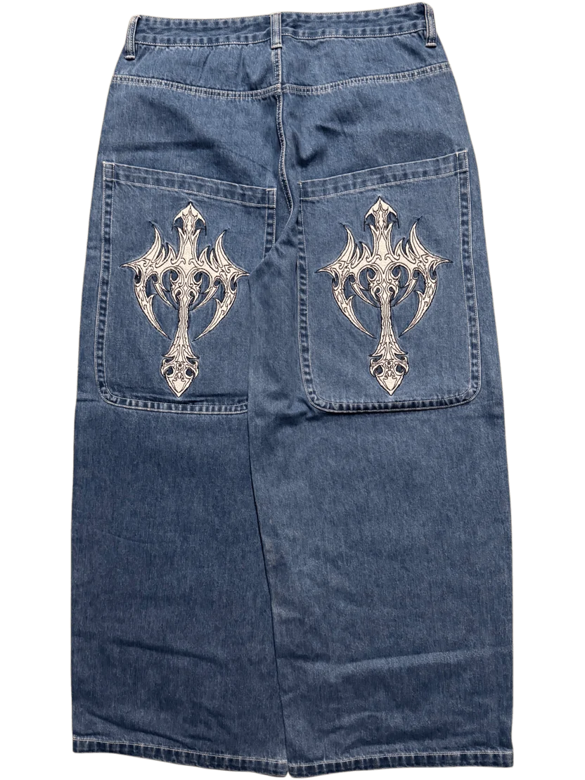 Blue Wide Leg GLOE Cyber Cross Jeans Blue Wide Leg GLOE Cyber Cross Jeans