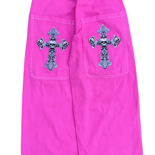 Pink Wide Leg GLOE Skull Cross Jeans