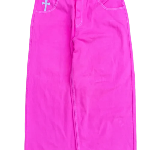 Pink Wide Leg GLOE Skull Cross Jeans f