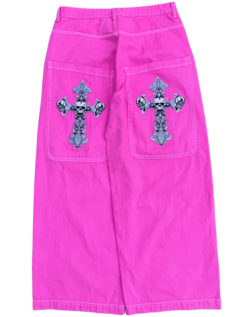 Pink Wide Leg GLOE Skull Cross Jeans Pink Wide Leg GLOE Skull Cross Jeans